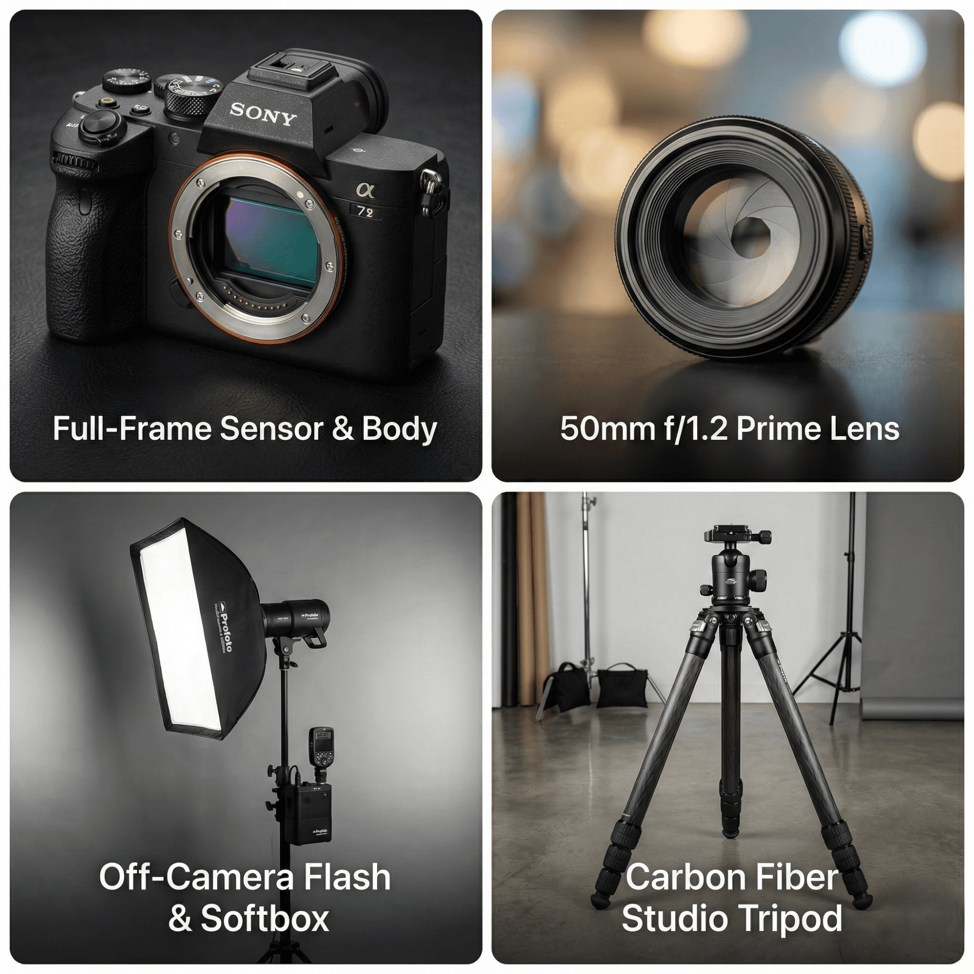 Professional photography equipment including mirrorless camera, 50mm lens, studio flash with softbox, and carbon fiber tripod.