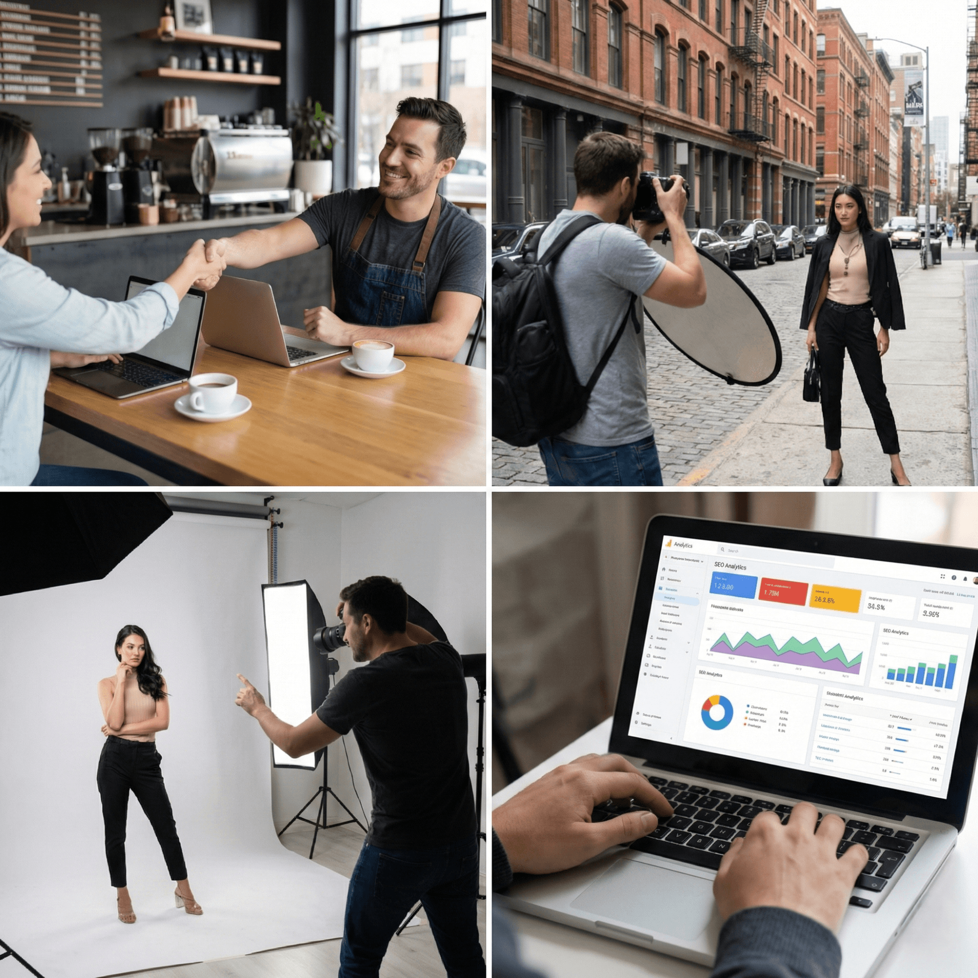 Photographer meeting client, directing model, shooting brand content, and analyzing SEO marketing data.