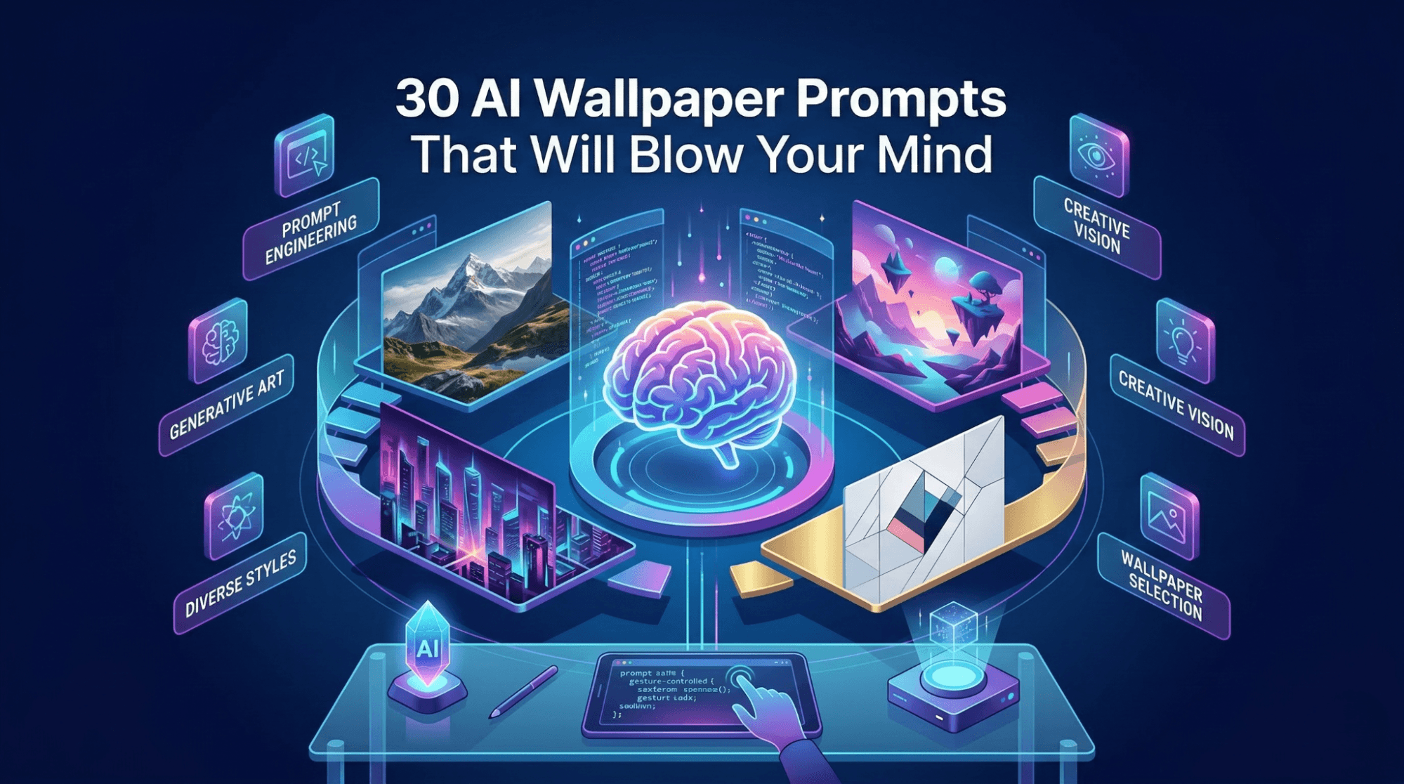 Illustrative header of a digital artist creating AI-generated wallpapers in vibrant 4K designs for desktop and mobile screens
