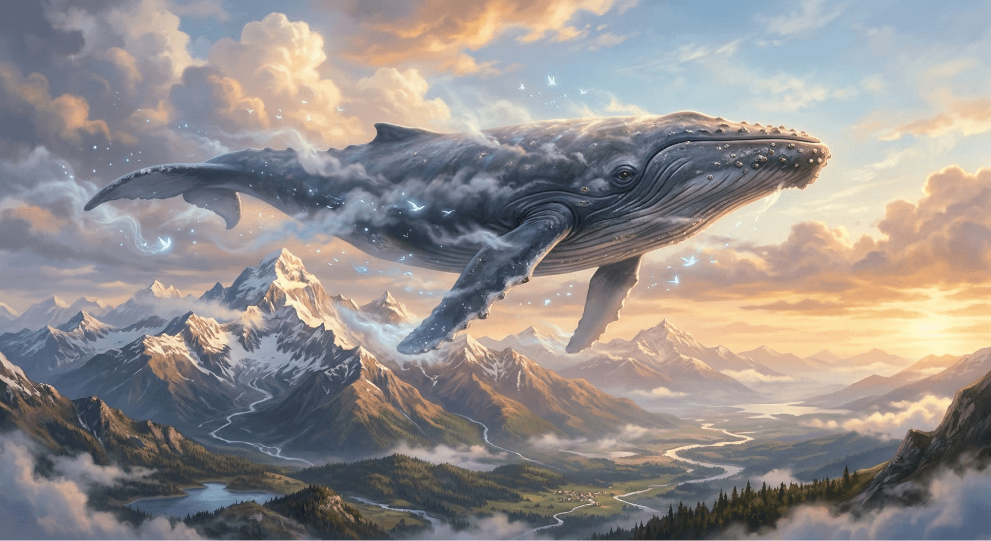 Surreal and conceptual wallpaper featuring a giant whale in the sky