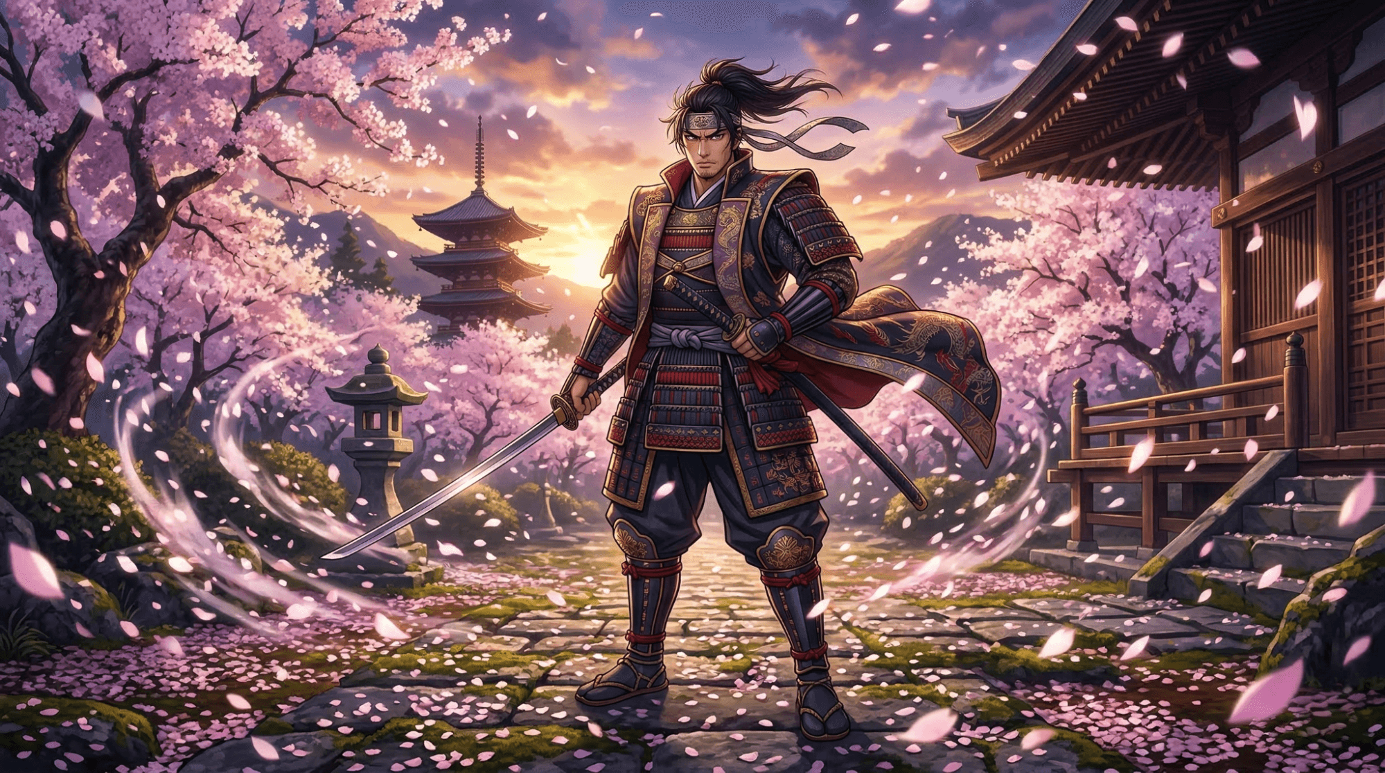 Anime AI wallpaper featuring a samurai in a cherry blossom storm