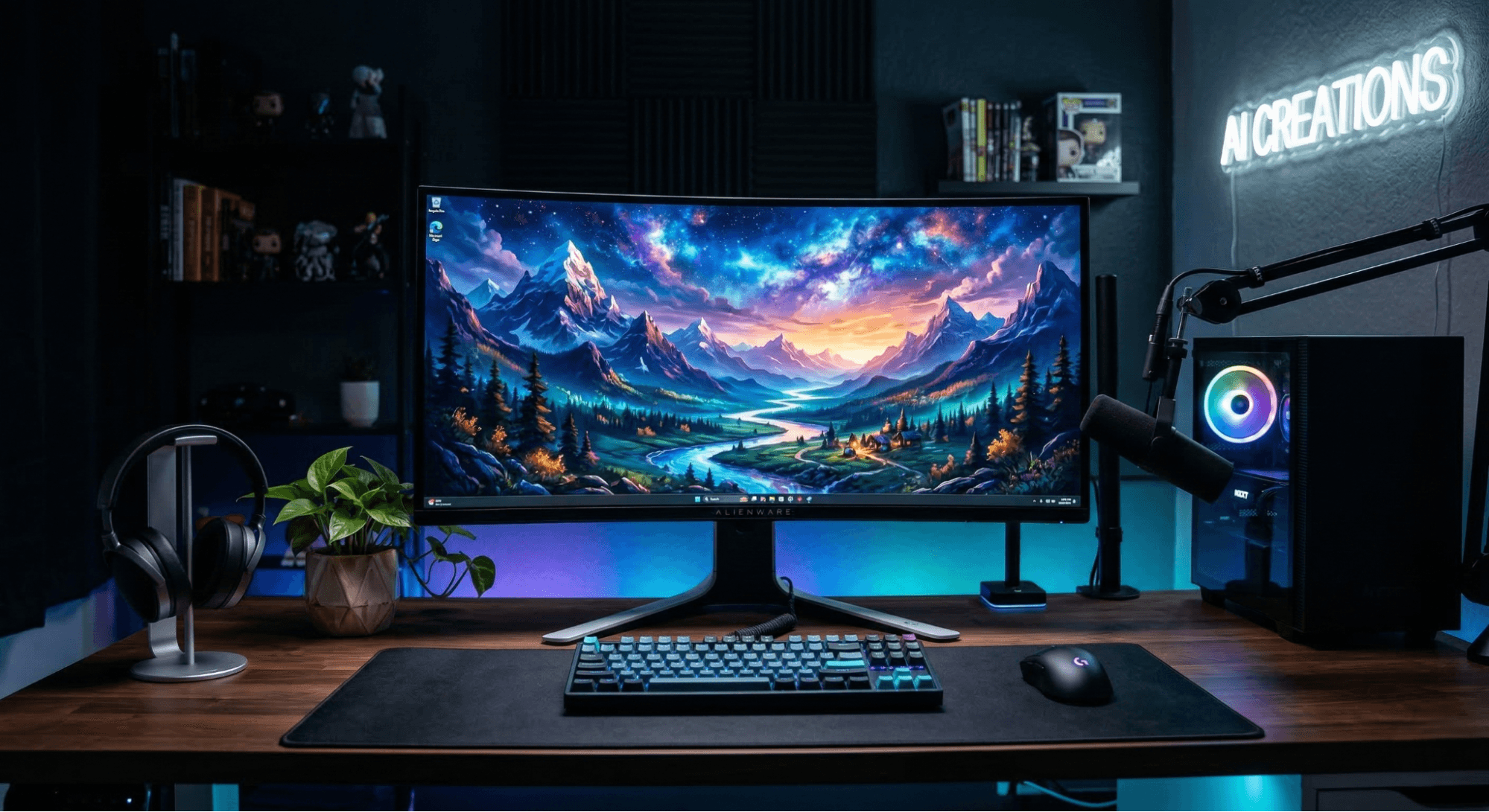 Desktop setup displaying a custom 4K AI wallpaper