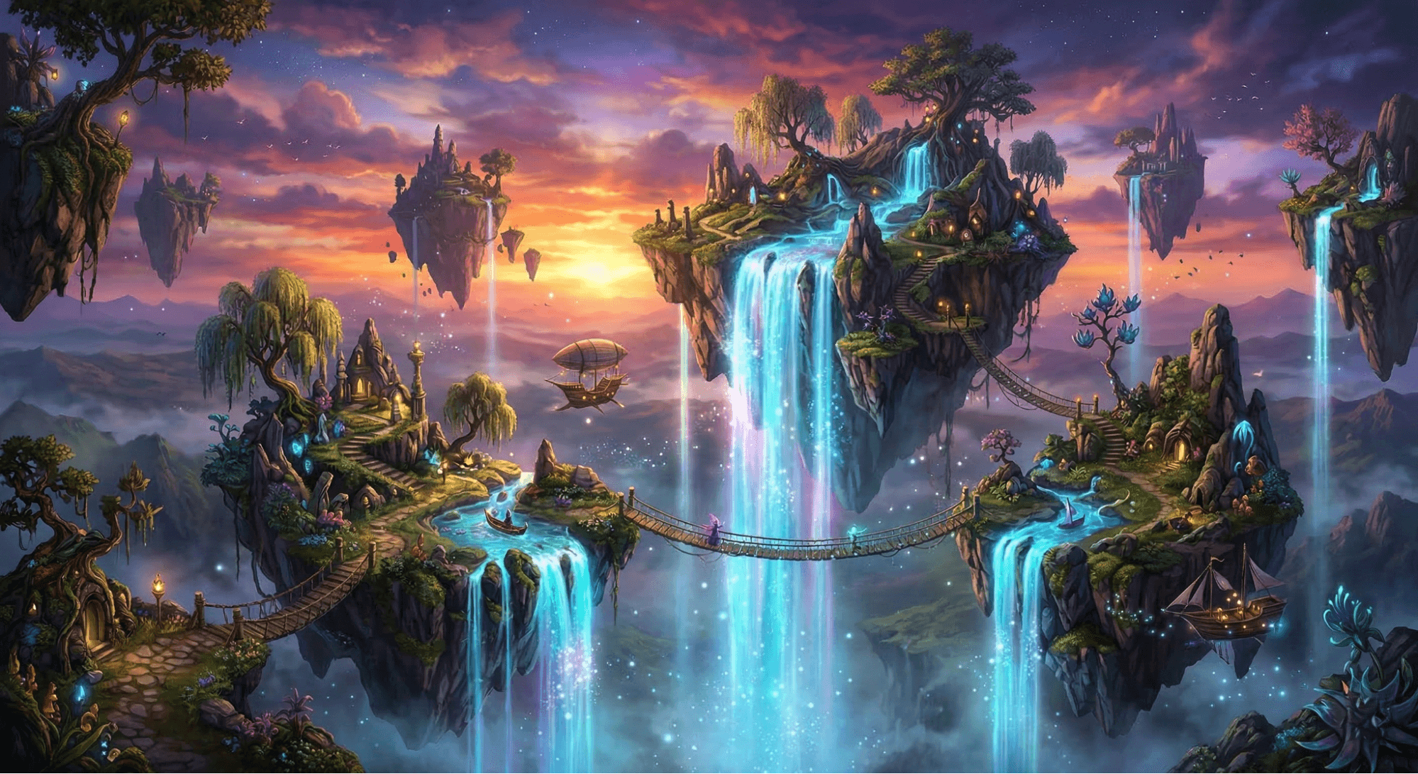 Dreamy fantasy AI wallpaper with floating islands and glowing waterfalls in 4K