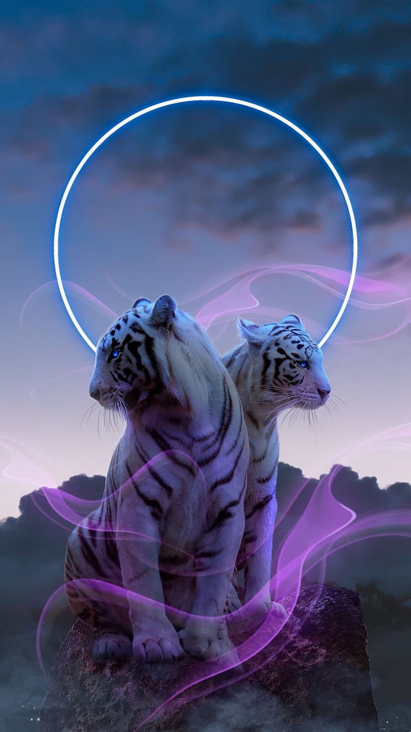 Two white tigers sit back-to-back on rocks beneath a blue neon ring and swirling purple mist under cloudy skies.