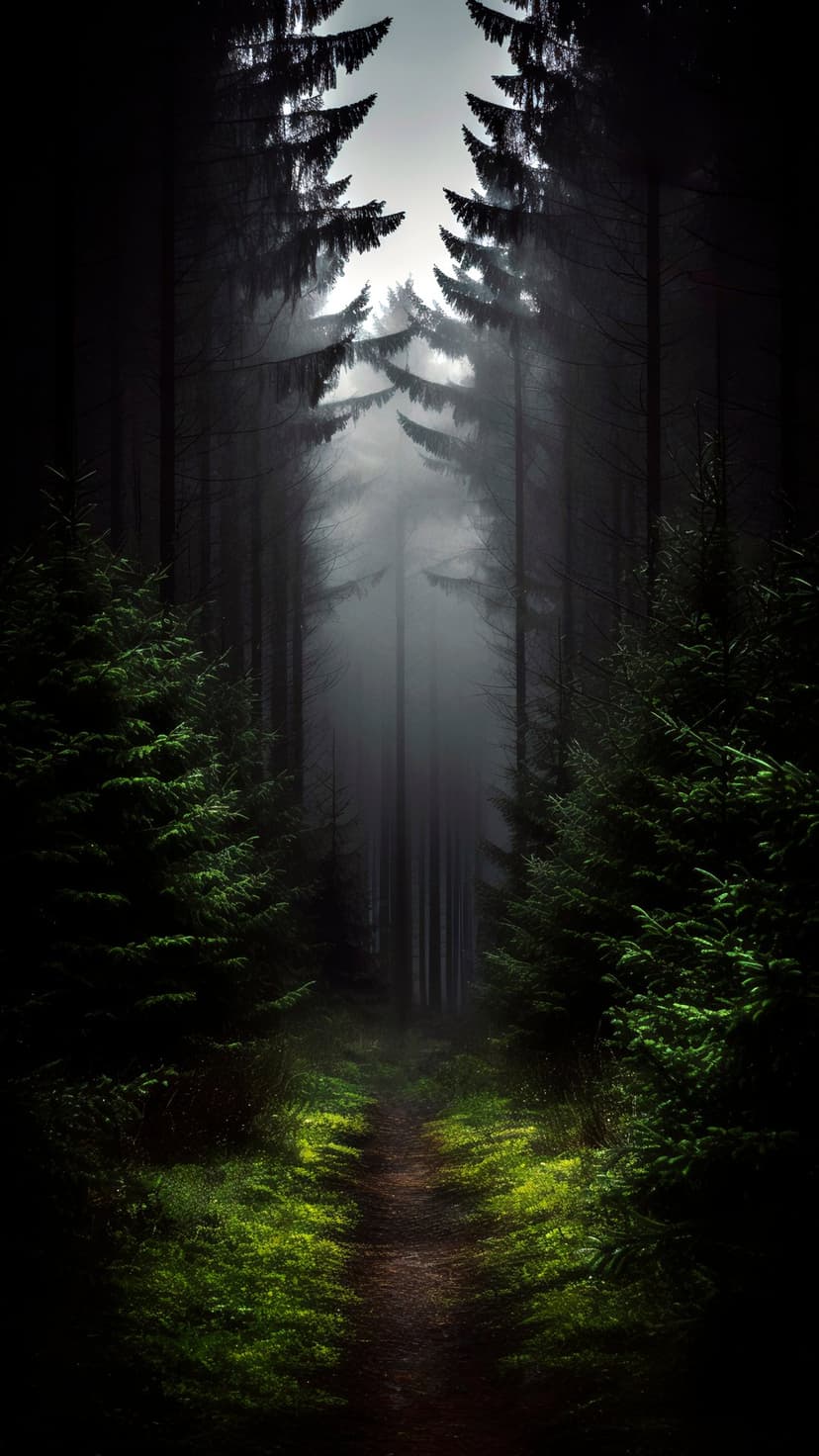 Winding dirt path through a misty forest of tall evergreen trees with vibrant green moss covering the damp floor.