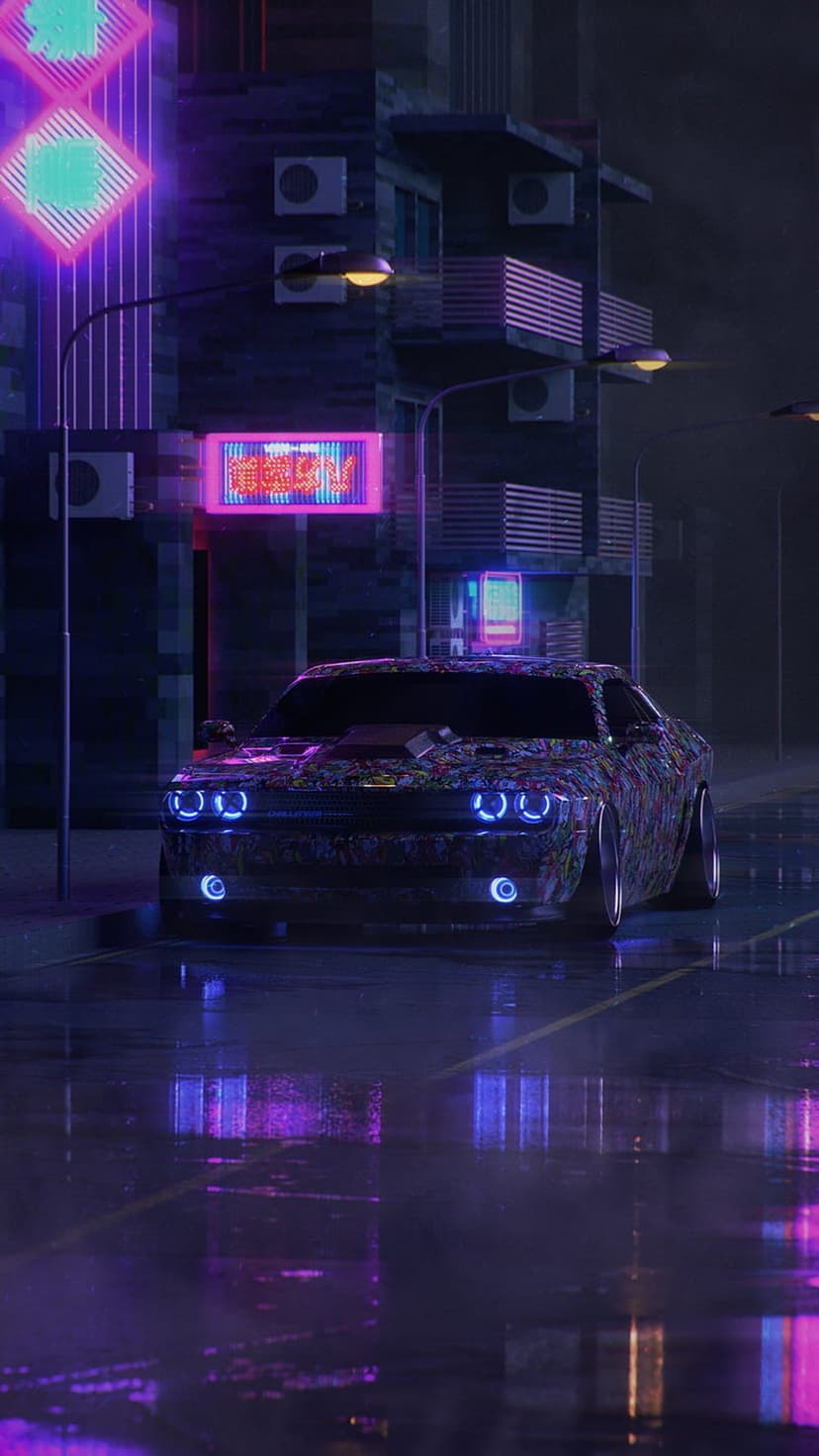 Custom car with glowing blue headlights reflects on a wet city street beneath neon-lit futuristic skyscrapers.