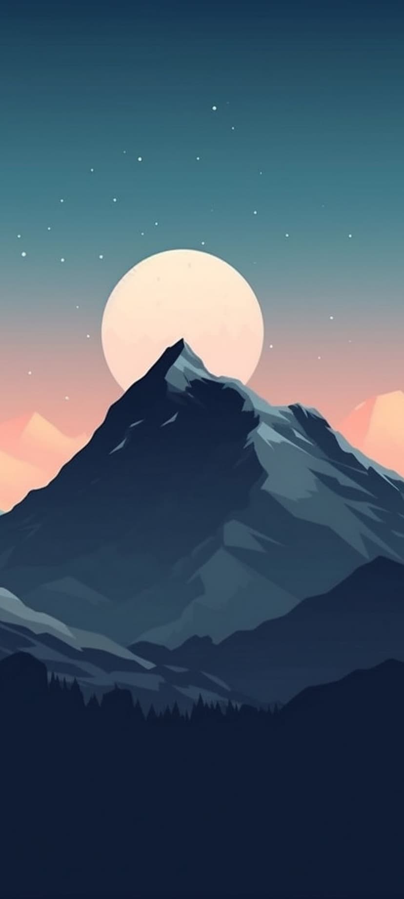 Majestic mountain peaks sit under a massive glowing full moon within a teal and peach gradient starry night sky.