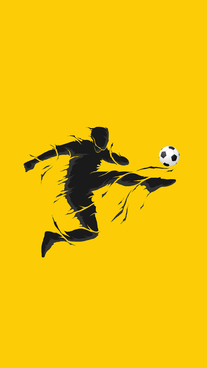 Athletic silhouette of a soccer player mid-kick with shattered outlines over a vibrant yellow surface.