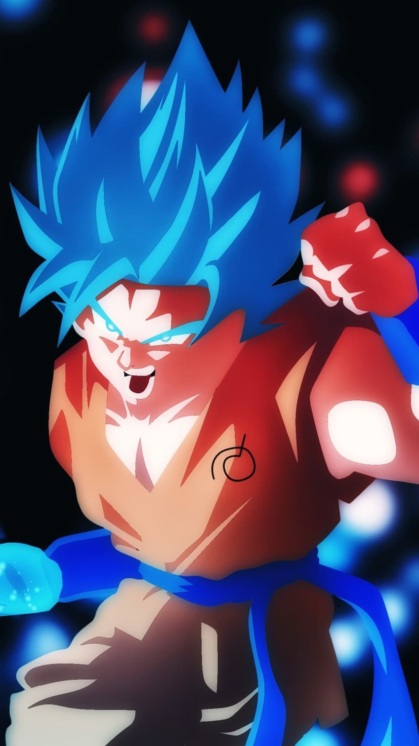 Goku in Super Saiyan Blue form strikes with a forceful punch amidst swirling streaks of electric blue energy.