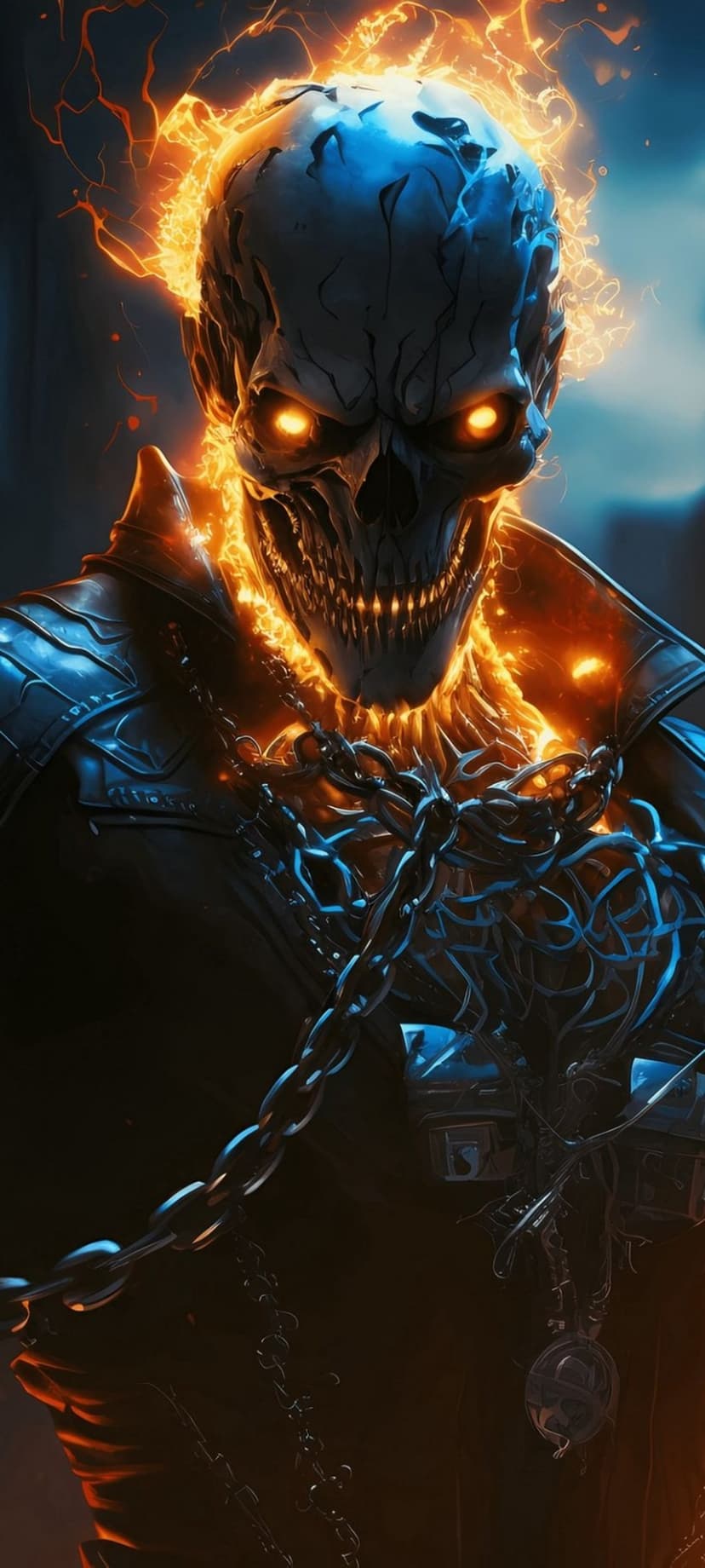 Flaming skull figure wearing a black leather jacket with thick metal chains and glowing orange eyes in blue light.