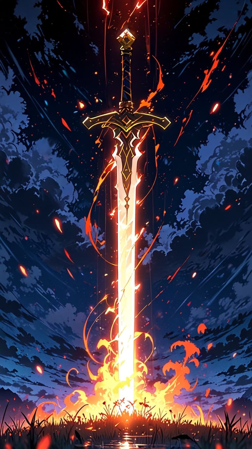 Flaming sword glowing with orange light against a dark cloudy sky filled with floating embers and sparks.