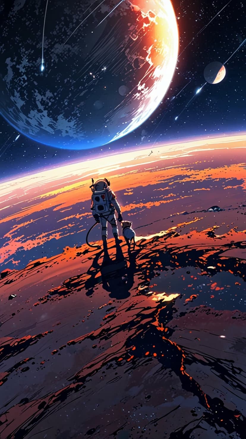 Astronaut and dog standing on a rocky extraterrestrial surface beneath a massive glowing planet and meteors.
