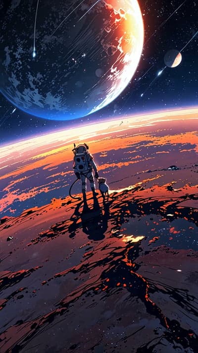 Astronaut and Dog Explore Alien Planet with Giant Planet Overhead