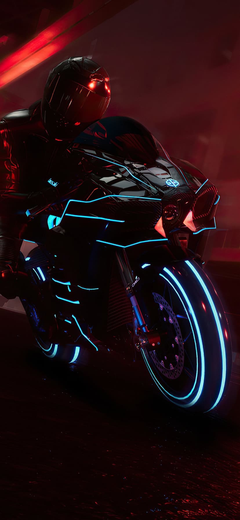 Cyberpunk rider on a neon blue motorcycle travels a wet road with glowing red eyes visible through a black helmet.