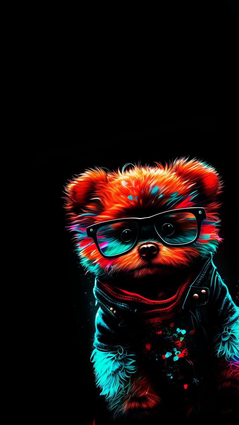 Fluffy dog with glowing orange and teal fur wears black glasses, a denim vest, and red scarf on a black backdrop.