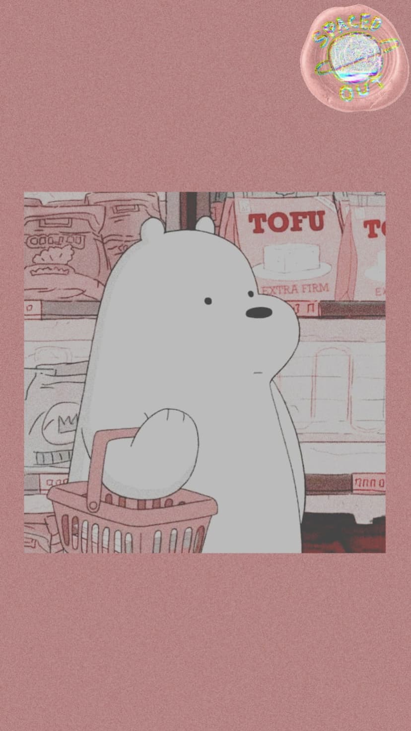 Ice Bear stands in a grocery store aisle holding a pink plastic shopping basket under soft rosy lighting.