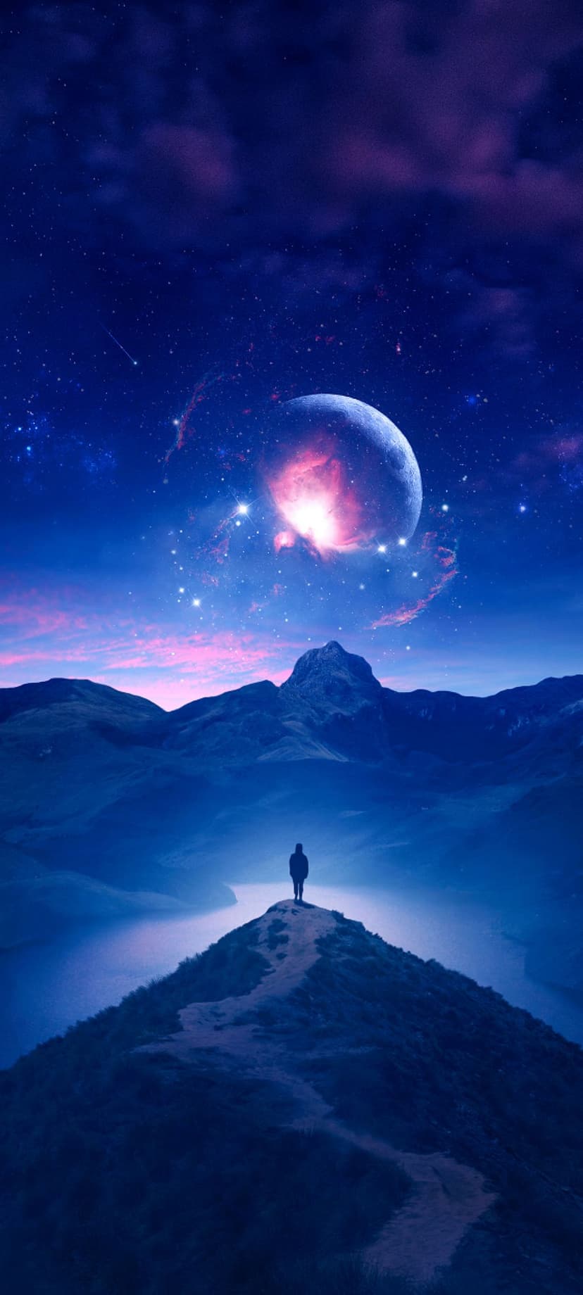 Human silhouette standing on a mountain peak facing a massive glowing planet and pink nebula in a starry sky.