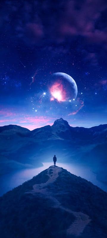 Lone figure gazes at alien planet in cosmic landscape