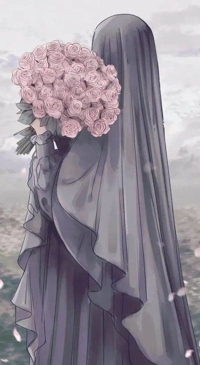 Anime bride in gray dress with pink rose bouquet