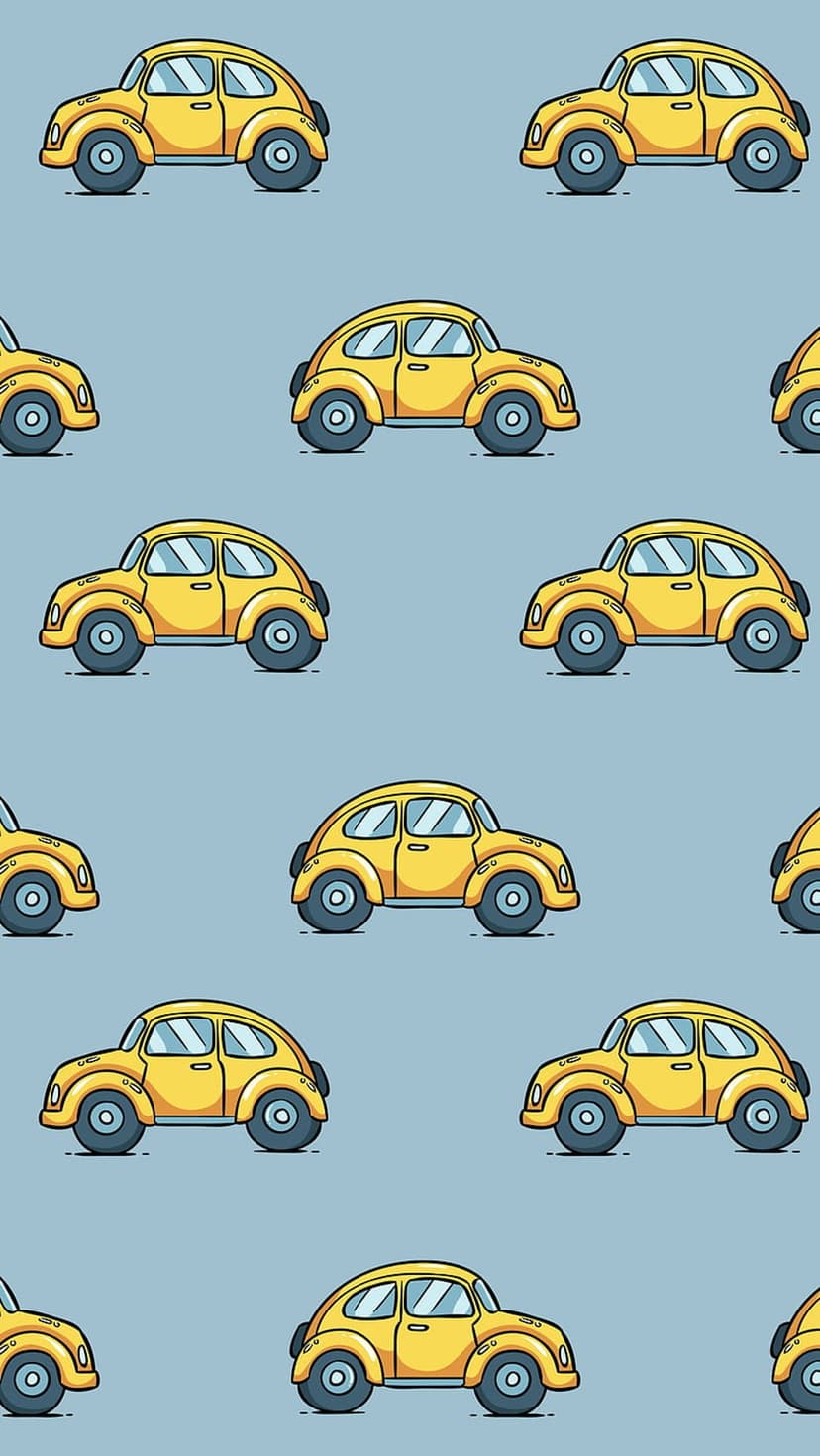 Yellow vintage cars in a repeating pattern with bold outlines and a playful, stylized retro aesthetic.