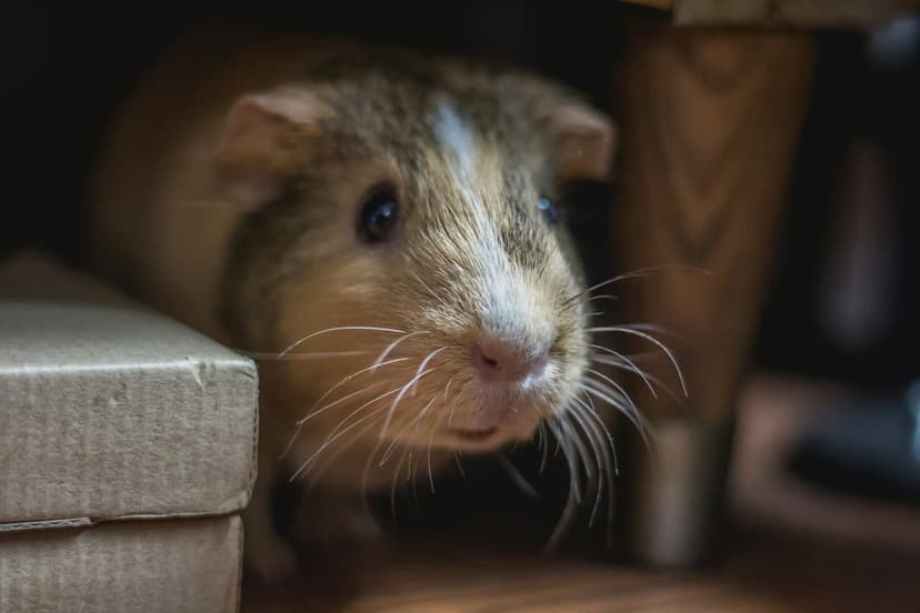 Brown and white guinea pig with long whiskers peeking out from a brown cardboard box with a blurred background.
