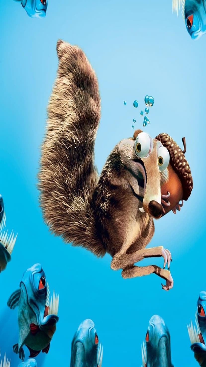 Scrat the squirrel grips an acorn underwater while several blue piranhas with sharp teeth surround him.