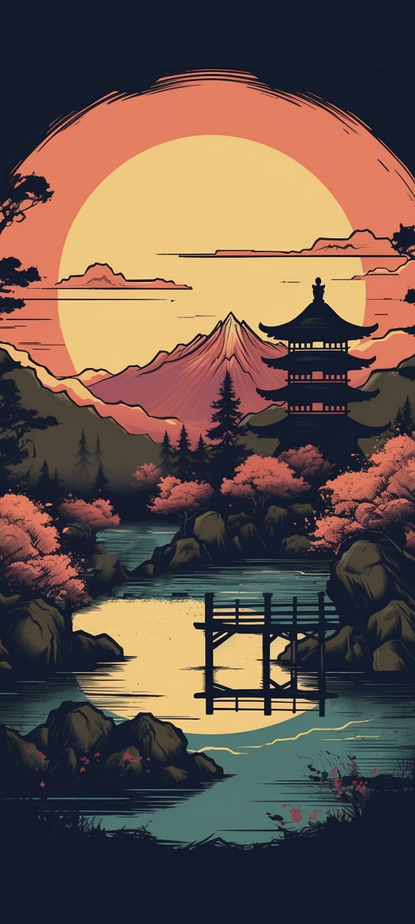 Multi-tiered pagoda and wooden bridge overlook a lake under a massive orange sun and snow-capped mountain.
