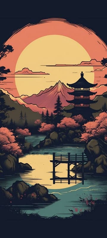 Japanese Landscape with Pagoda at Sunset
