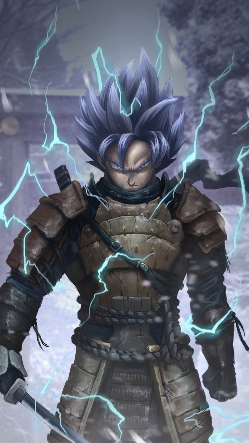 Goku in samurai armor with spiky blue hair and electric aura standing in a snowy traditional Japanese garden.