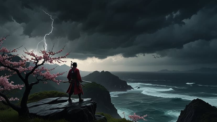 Samurai warrior on a rocky cliff watching lightning strike a turbulent sea next to a cherry blossom tree.