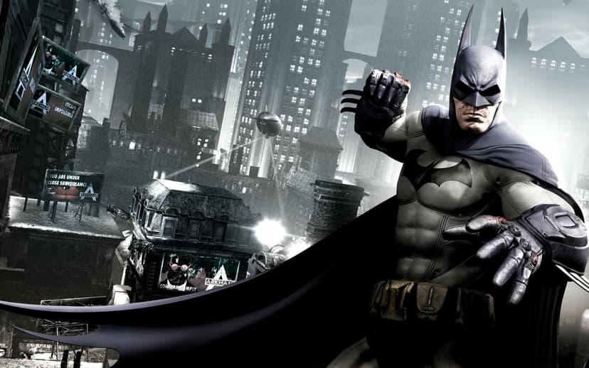 Batman with bloodied knuckles stands before a rainy Gotham City skyline with Arkham City neon surveillance signs.