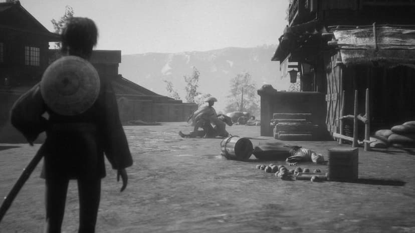 Ronin overlooks a village square with fallen figures and scattered fruit in a black and white landscape.