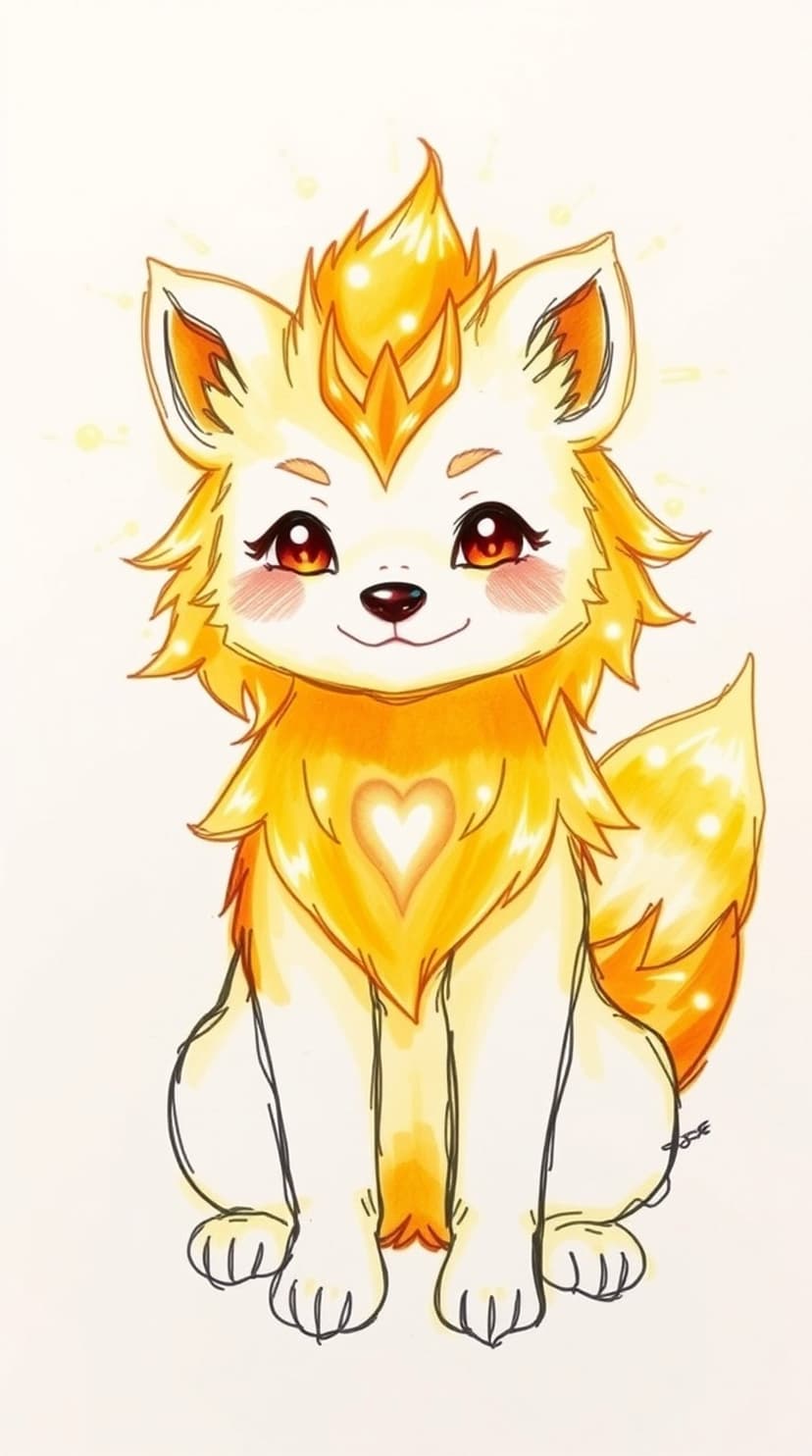 Fennec fox with orange flame mane, large sparkling eyes, and a glowing heart symbol on its chest with soft shading.