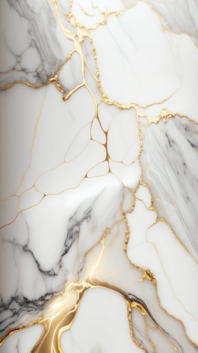 White marble surface with intersecting metallic gold veins and subtle gray mineral shading for mobile screens.