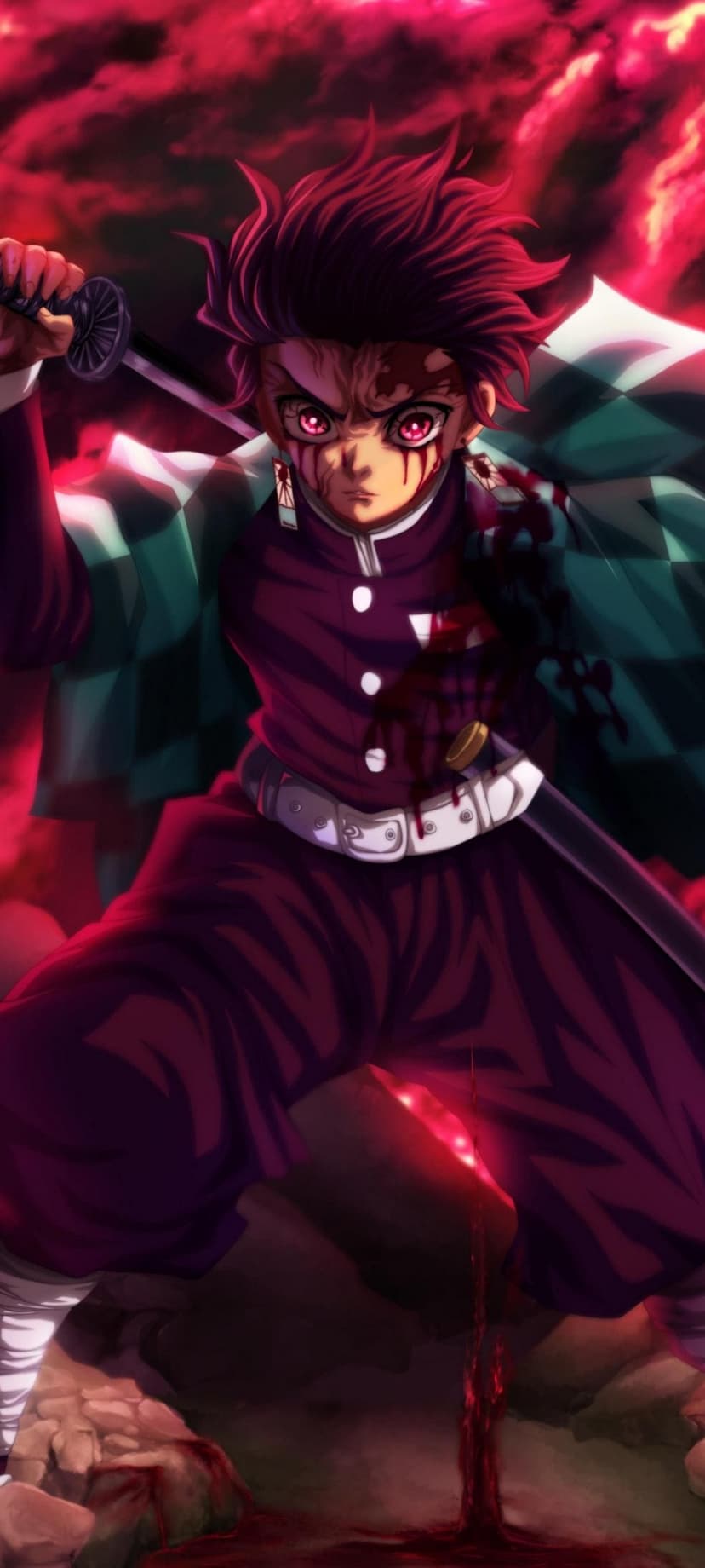 Battle-scarred swordsman in a patterned haori holding a katana against a glowing red sky with blood on his face.