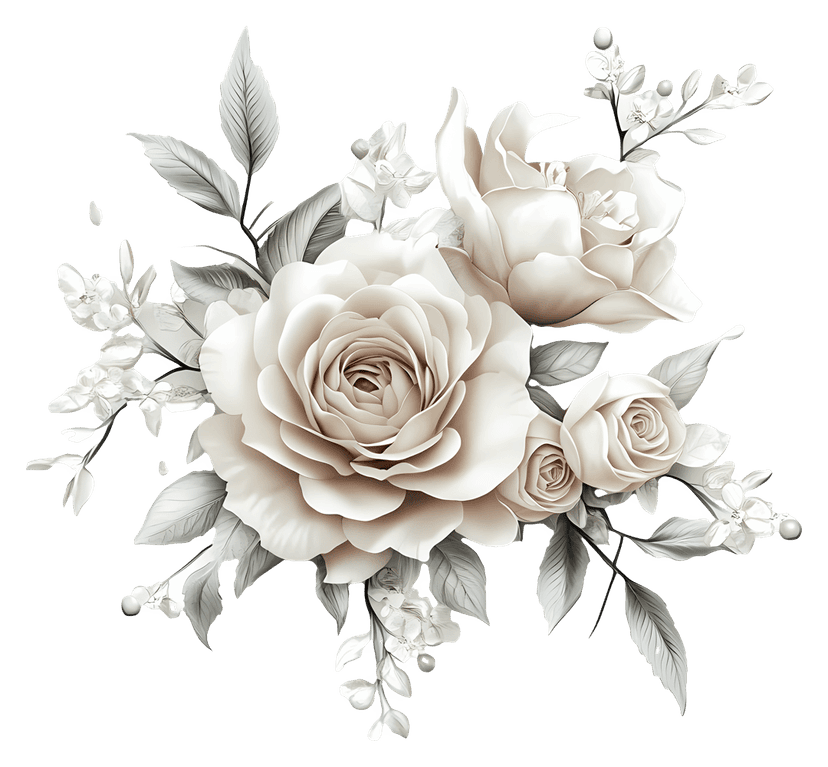 White rose bouquet with layered ivory petals and green foliage provides a clean botanical layout for designs.