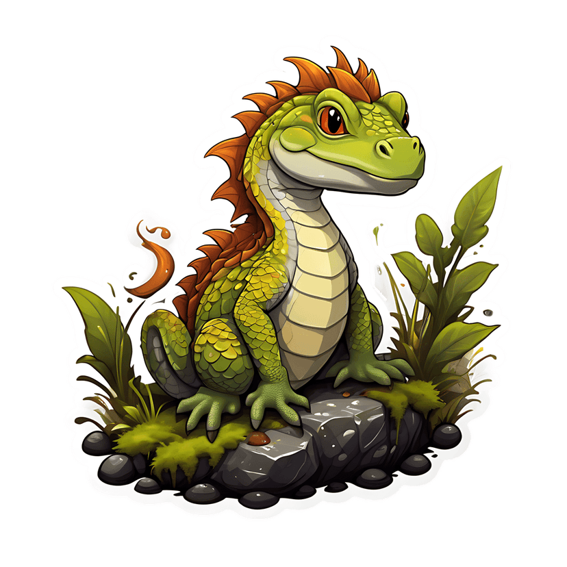 Green chibi dragon sticker with glossy scales and orange spikes sits on mossy rocks surrounded by forest plants.