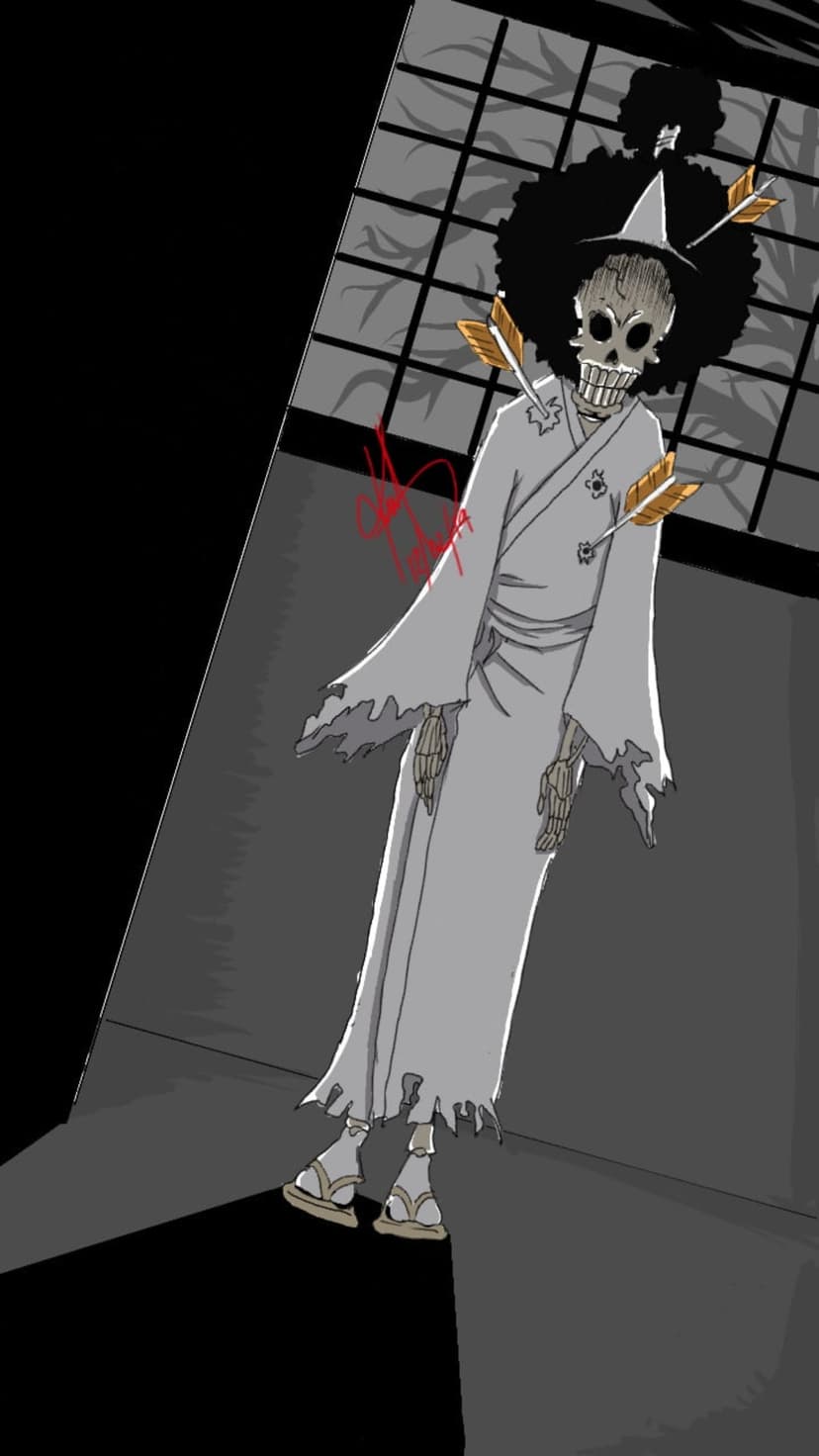 Skeleton in a grey kimono and straw hat stands with golden arrows piercing its ribcage against a dark wall.