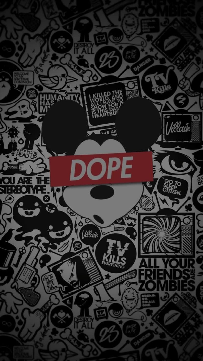 Mickey Mouse with a red DOPE banner across his eyes over a black and white sticker collage of skulls and TVs.