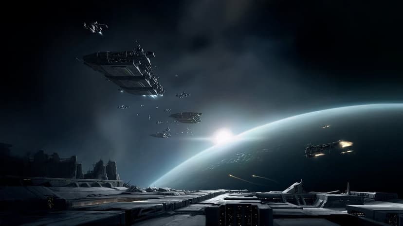 Futuristic spaceships in orbit above a glowing blue planet with a bright sun rising over the curved horizon.