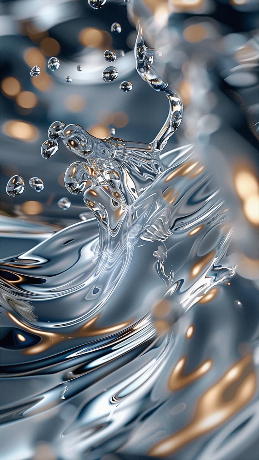 Water droplets and bubbles splash against a backdrop of soft golden bokeh lights and cool blue liquid textures.