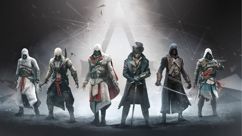 Assassin brotherhood characters stand in hooded robes with hidden blades against a misty historical landscape.