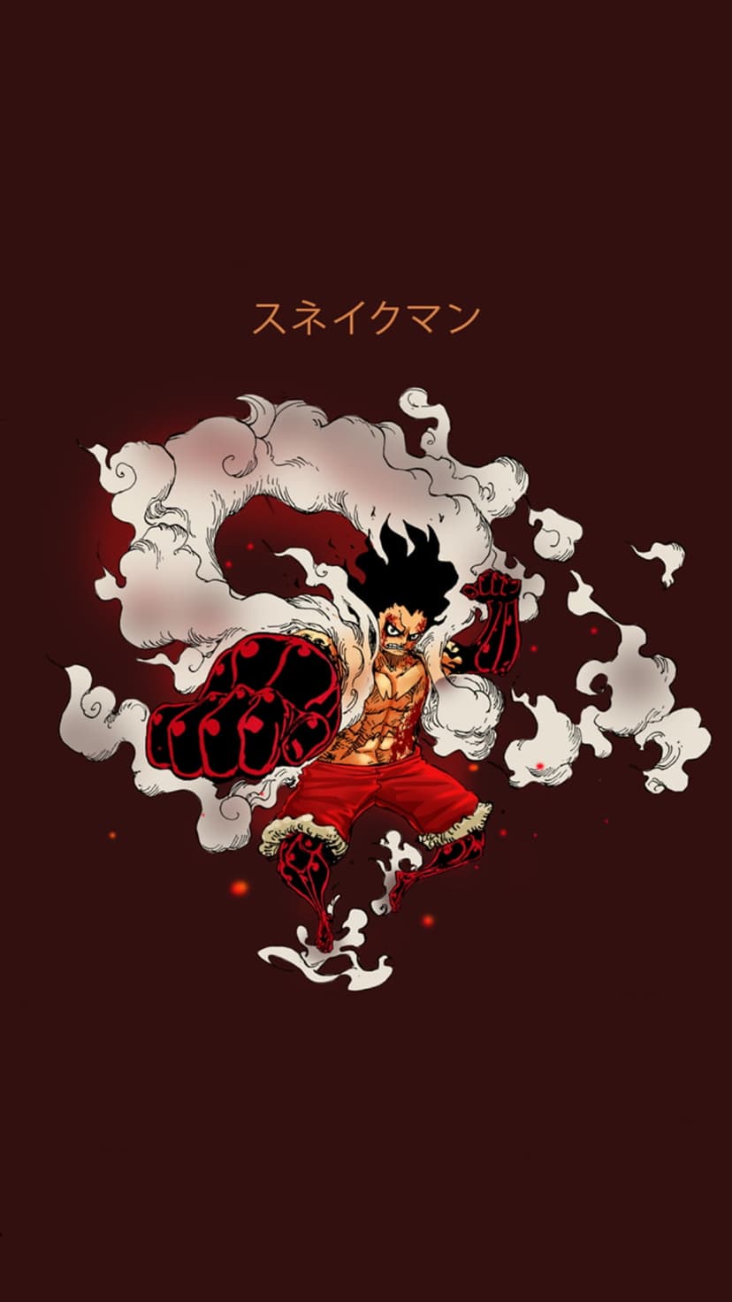 Monkey D. Luffy in Snakeman form with steam coiling around his muscular arms against a dark red background.