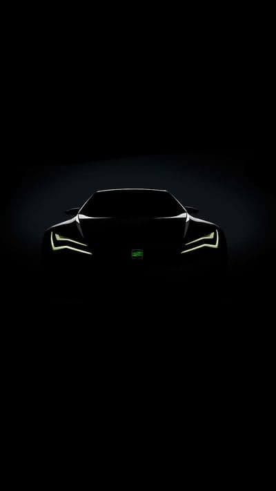 Dark Futuristic Car with Glowing Headlights and Logo