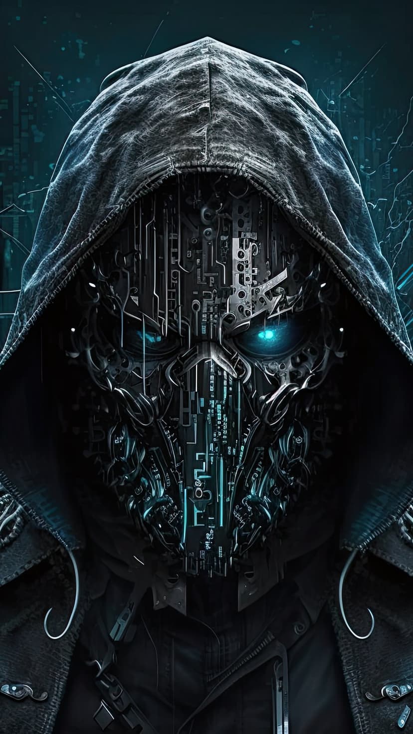 Hooded figure wearing a metallic circuit mask with luminous blue eyes against a dark blurred city background.