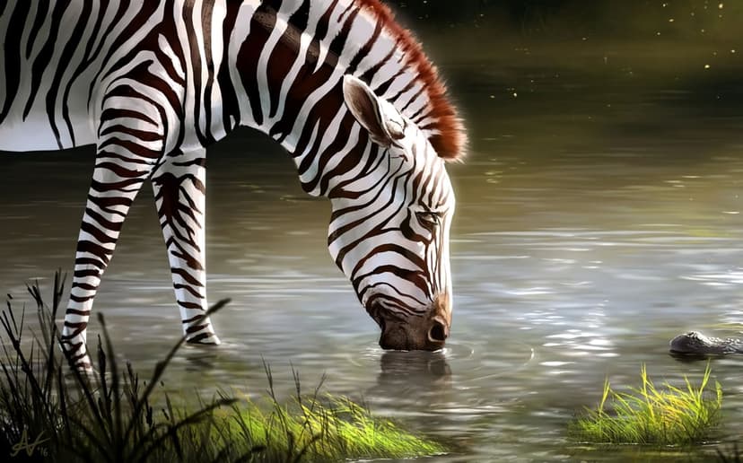 Zebra lowers its head to drink from a still waterhole at dusk with subtle stars reflecting in the dark water.