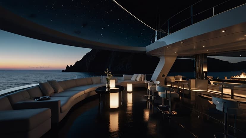 Luxury yacht deck with plush white sofas, a marble bar, and glowing ambient lights under a starry sunset sky.