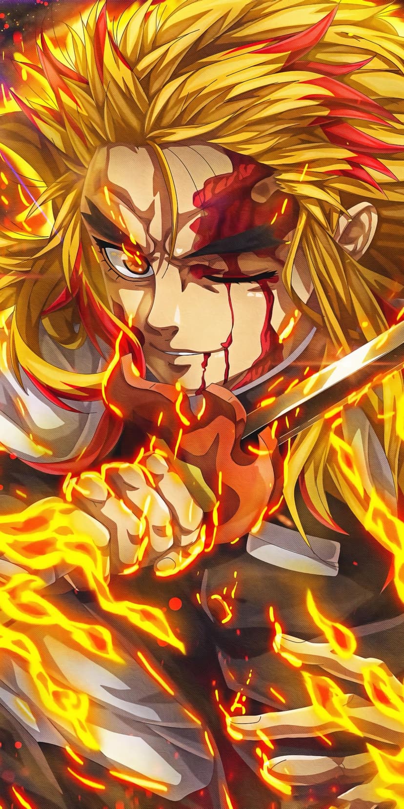 Kyojuro Rengoku grips a flaming sword with an intense expression and bloodied face during a dramatic battle.