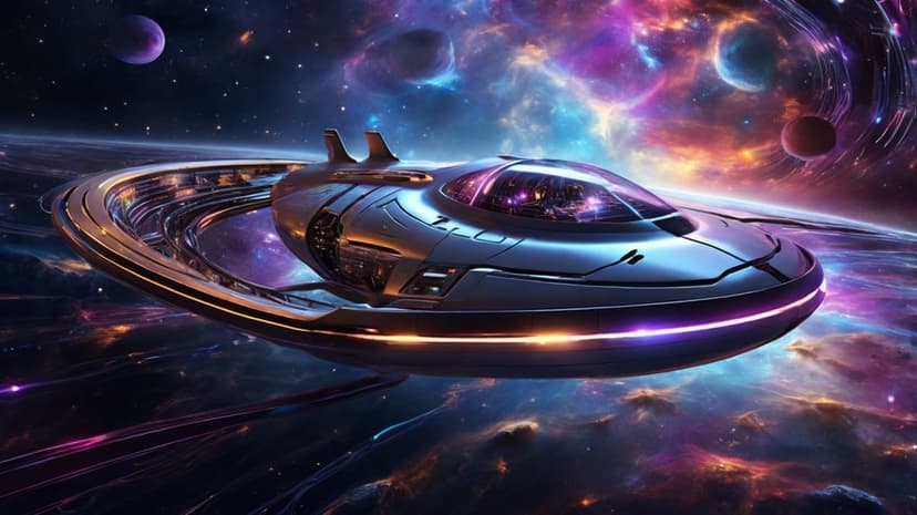 Sleek starship with glowing lights orbits a ring structure against a purple and orange cosmic nebula background.