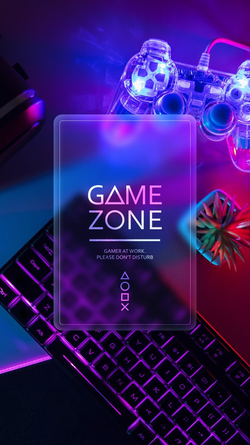 Translucent game controller and purple backlit keyboard glow under a neon gamer at work sign on a dark surface.